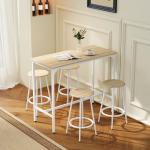Conjunto de Móveis Altos de Bar com 5 Peças Mesa de Refeição Industrial e 4 Bancos Redondos Madeira e Branco