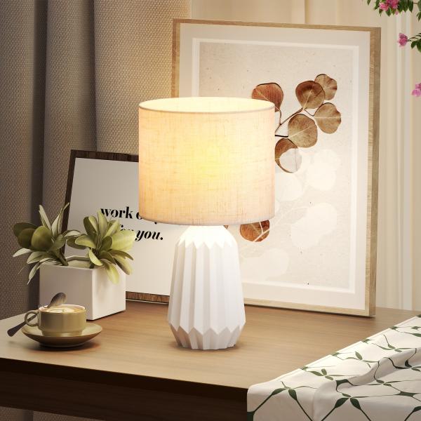 Candeeiro de Mesa com Base de Cerâmica e Ecrã de Linho Estilo Retro com Interruptor E27 40W Ø22x39 cm Branco e Bege