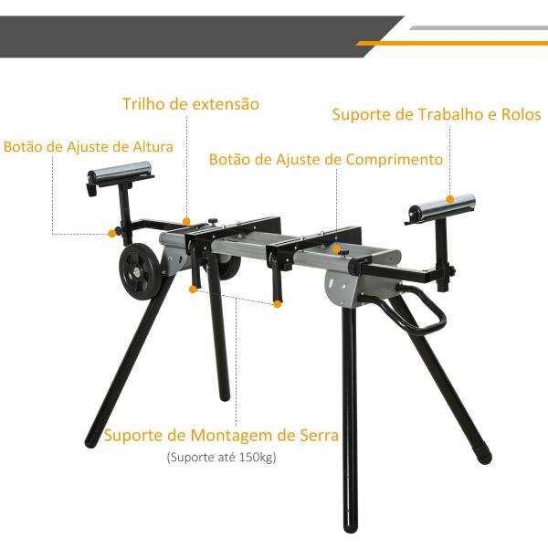Suporte universal para serra de esquadria dobrável com distância de trabalho ajustável 123,5 - 245x73x96 cm Preto