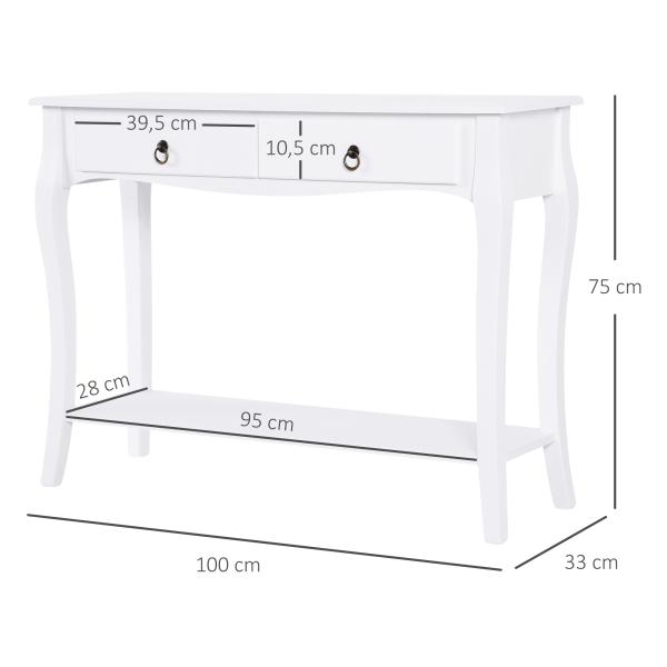 Mesa Tipo Consola para Sala de Estar Consola para Entrada com 2 Gavetas e Prateleira Inferior 100x33x75cm Branco