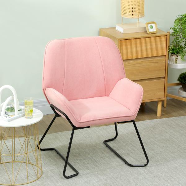Poltrona Sala de Estar Moderna Poltrona de Leitura com Assento Largo e Acolchoado Estofada em Veludo Pés de Metal 70x67,5x87 cm Rosa
