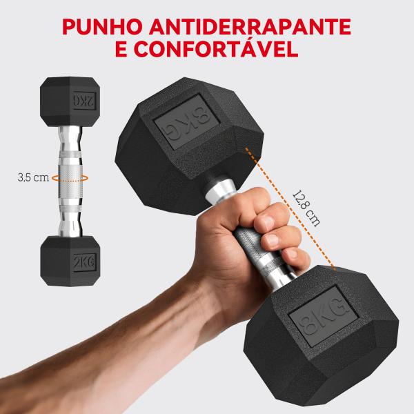 Conjunto de Halteres 6 Peças 2 x 2 kg 2 x 5 kg 2 x 8 kg com Revestimento em Borracha Antideslizante e Suporte Preto