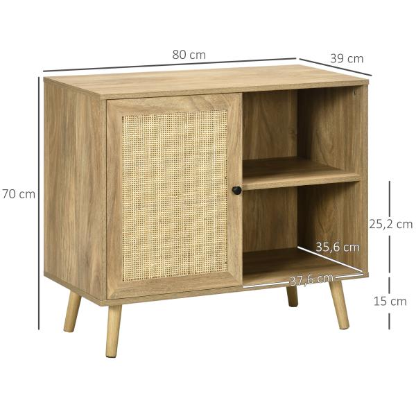 Aparador de Sala de Estar com Porta de Vime e 2 Prateleiras de Armazenamento para Sala de Estar 80x39x70cm Madeira