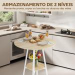 Mesa Alta de Cozinha Redonda com Prateleira de Armazenamento para 2 Pessoas com Estrutura de Metal 55x55x95 cm Madeira e Branco