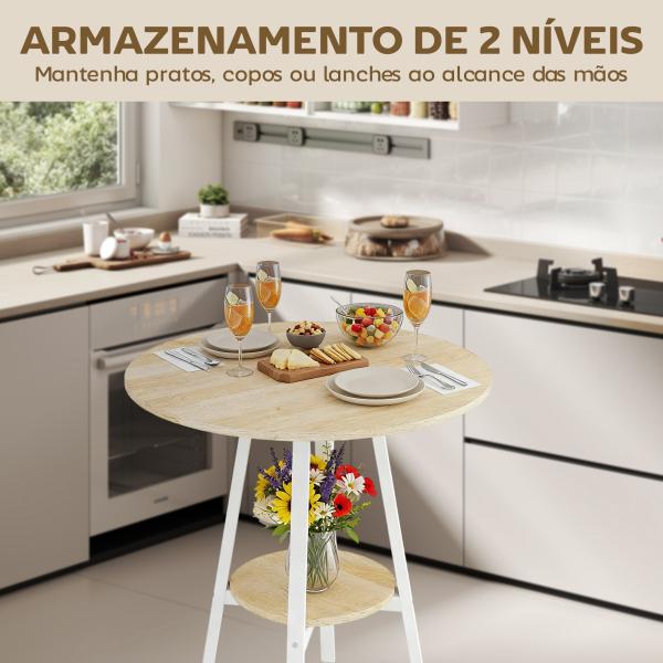 Mesa Alta de Cozinha Redonda com Prateleira de Armazenamento para 2 Pessoas com Estrutura de Metal 55x55x95 cm Madeira e Branco