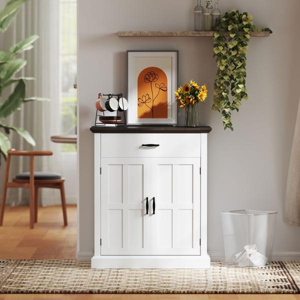 Aparador para Sala de Estar Estilo Rústico com 1 Gaveta Prateleira Ajustável 75,2x40x91,5 cm Branco e Madeira