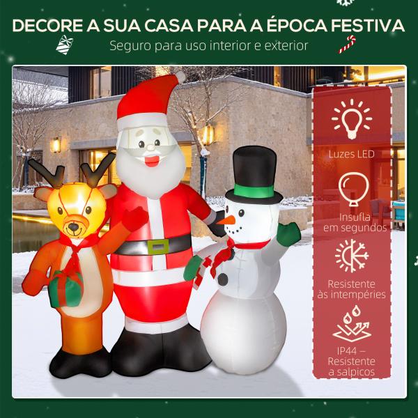 Pai Natal Insuflável com Rena e Boneco de Neve Decoração de Natal Insuflável com Luzes LED 150x45x150 cm Multicor