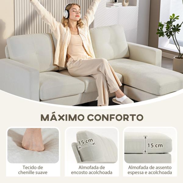 Sofá Chaise Longue Sofá em Forma de L Estofado em Poliéster Sofá de Canto Reversível 186x130x84 cm Creme