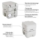 Sanita Portátil Sanita de 20L com Tampa para Campismo Viagem Barco Capacidade Máxima 147 kg 41,5x36,5x42 cm Cinza Claro