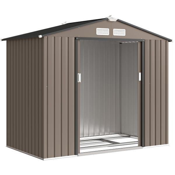 Abrigo de Jardim 213x130x185 cm Abrigo de Jardim Metálico de Exterior com 2 Portas Deslizantes e 4 Janelas Marrom