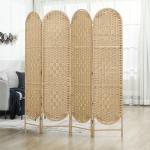 Biombo Separador de 4 Painéis 160x170 cm Painel de Privacidade Dobrável Boémio com Topo Arqueado Entrançado à Mão Madeira