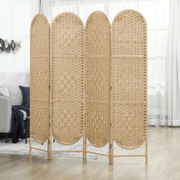 Biombo Separador de 4 Painéis 160x170 cm Painel de Privacidade Dobrável Boémio com Topo Arqueado Entrançado à Mão Madeira