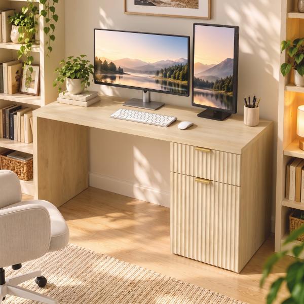 Secretária para Computador 120 cm com Gaveta Armário Reversível Prateleira Ajustável e Tampo Espesso Carvalho