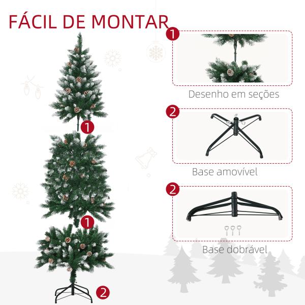 Árvore de Natal Artificial Nevada 180 cm com 508 Ramos 49 Pinhas Base Dobrável e Suporte de Aço Ø73x180 cm Verde e Branco