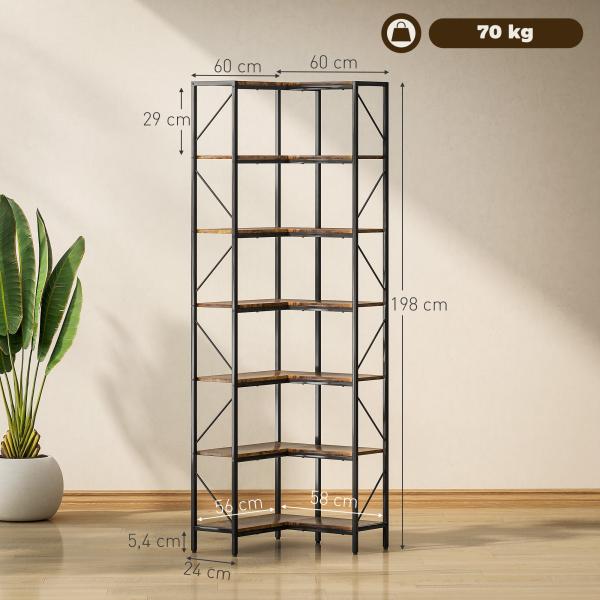 Estante de Canto com 7 Níveis, Estilo Industrial, para Quarto, Sala ou Escritório, 60x60x198 cm, Castanho Rústico
