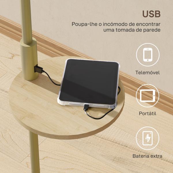 Candeeiro de Pé com Mesa Auxiliar Lâmpada E27 Máx. 40W Ecrã de Linho Interruptor de Corrente e Carregador USB Ø40x170 cm Dourado