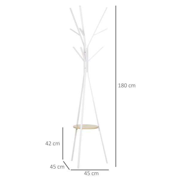 Cabide de Pé Metálico para Pendurar Roupa Bolsas com 9 Ganchos e Prateleira Cabide de Pé Moderno 45x45x180 cm Branco