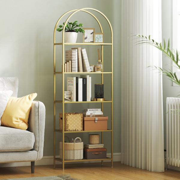 Estante de Vidro de 5 Níveis Estante de Arrumação Estrutura Arqueada Estante Estreita 60x30x175 cm Dourado