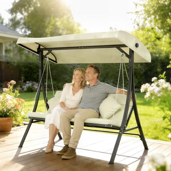 Baloiço de Jardim Exterior de 3 Lugares com Toldo Ajustável e Estrutura de Aço 202x115x168 cm Bege