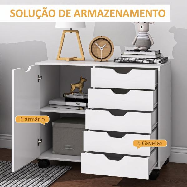 Gaveteiro de Escritório com Rodas, 5 Gavetas, Prateleira Ajustável e Suporte para Impressora, 78x40x66,5 cm, Branco