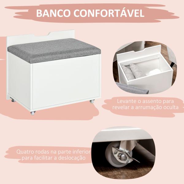 Toucador com Banco Oculto e Espelho Rebatível Mesa de Maquilhagem com Gaveta e 7 Compartimentos Banco Acolchoado Branco