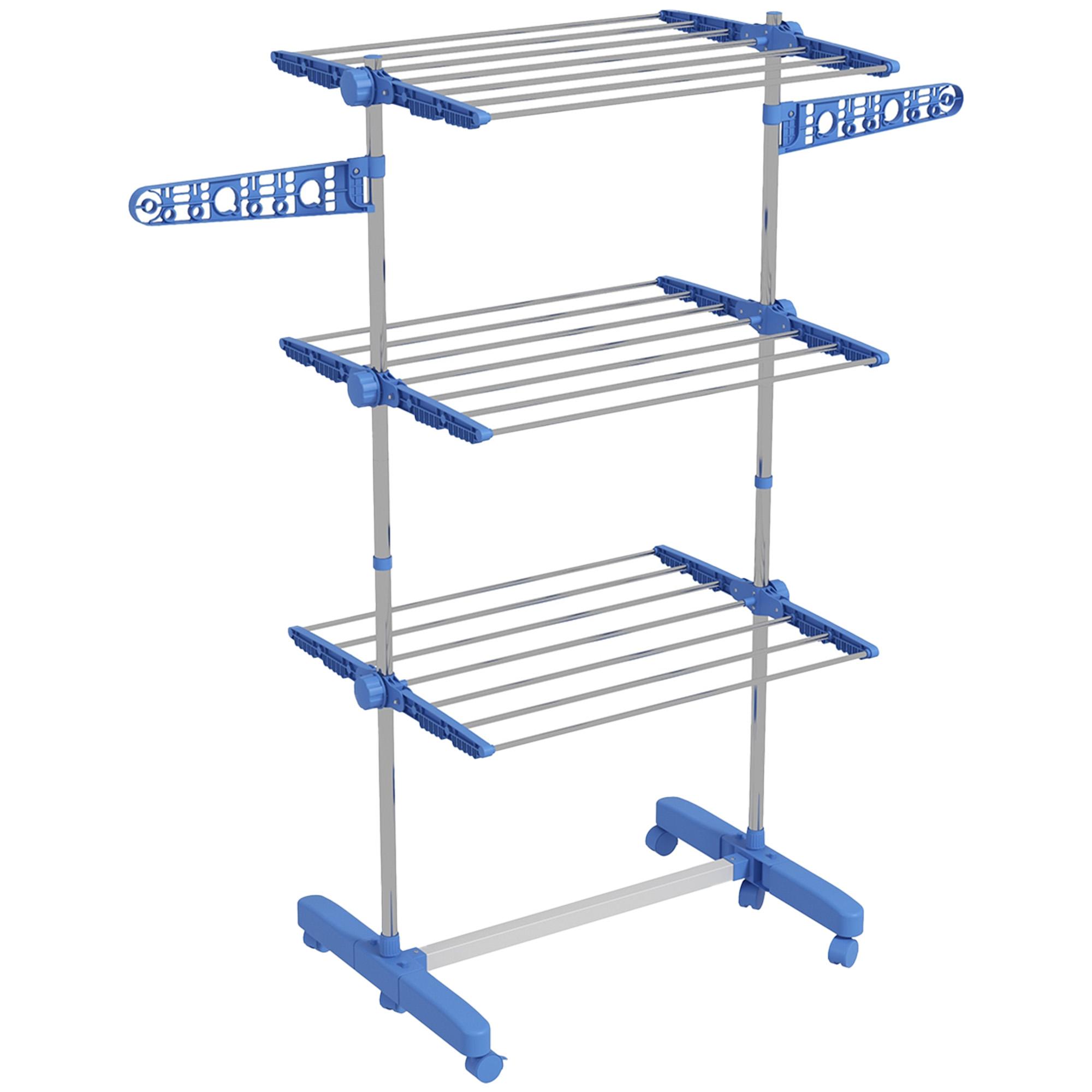 Estendal para Roupa Dobrável 80x55x152cm com 6 Rodas e 3 Prateleiras com Altura Ajustável de Aço Inoxidável Prata e Azul