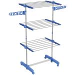 Estendal para Roupa Dobrável 80x55x152cm com 6 Rodas e 3 Prateleiras com Altura Ajustável de Aço Inoxidável Prata e Azul