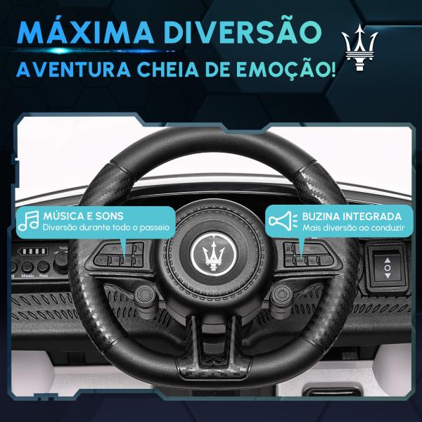 Carro Elétrico para Crianças Maserati Gran Turismo Folgore 12V Controlo Remoto Faróis Buzina e Música MP3 98x59x43 cm Branco