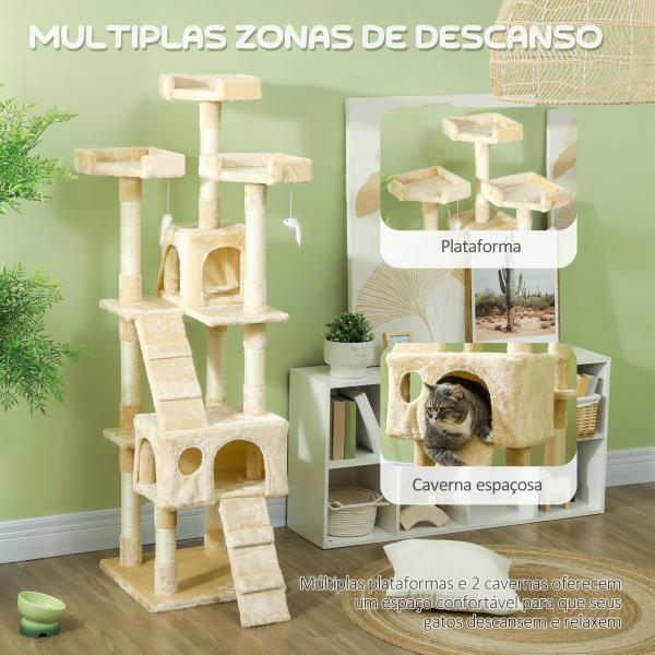 Árvore Arranhador para Gatos Grande 49x49x173 cm com Múltiplos Níveis Cavernas Brinquedos Suspensos Centro de Atividades de Sisal Bege