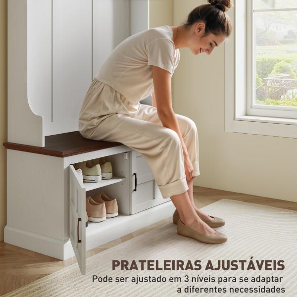 Móvel Cabide de Entrada com Banco Sapateira 5 Ganchos 3 Prateleiras Armário e Compartimentos Estilo Rústico 105x40x180 cm Branco