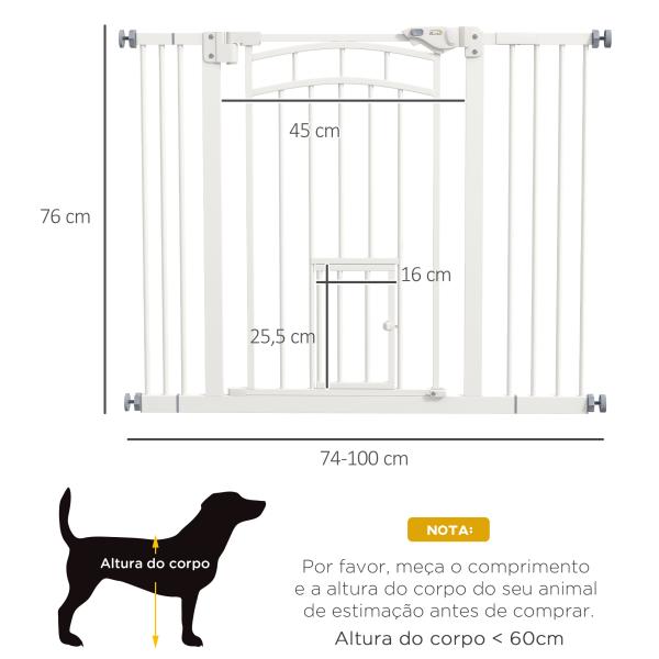 Barreira de Segurança para Cães 74 - 100 cm com Extensão Montagem a Pressão e Duplo Bloqueio para Porta Escada Branco