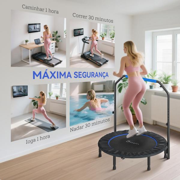 Trampolim Fitness Ø114 Trampolim Dobrável com Pega Ajustável em 4 Níveis Estrutura de Aço Azul