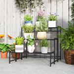 Suporte para Plantas de Três Níveis com Design em Escada e Estrutura Metálica Resistente para Interior e Exterior
