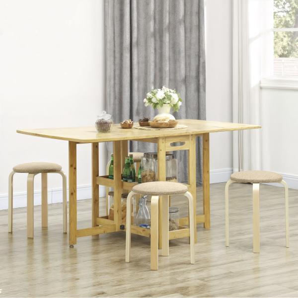 Conjunto de 4 Bancos Empilháveis Redondos Bancos Baixos de Cozinha com Assento Acolchoado Ø40x45 cm Caqui e Madeira