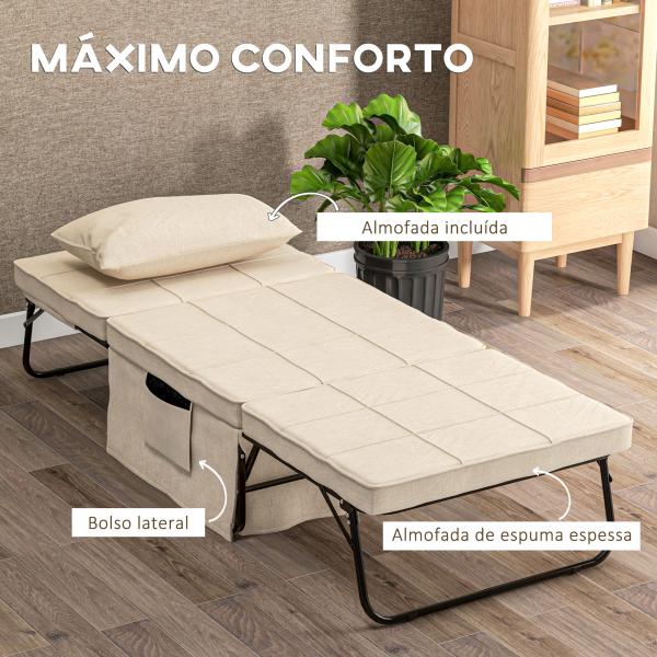 Sofá Cama 4 em 1 Estofado em Linho com Encosto Ajustável em 5 Níveis e Almofada Acolchoada 75x80x74 cm Creme