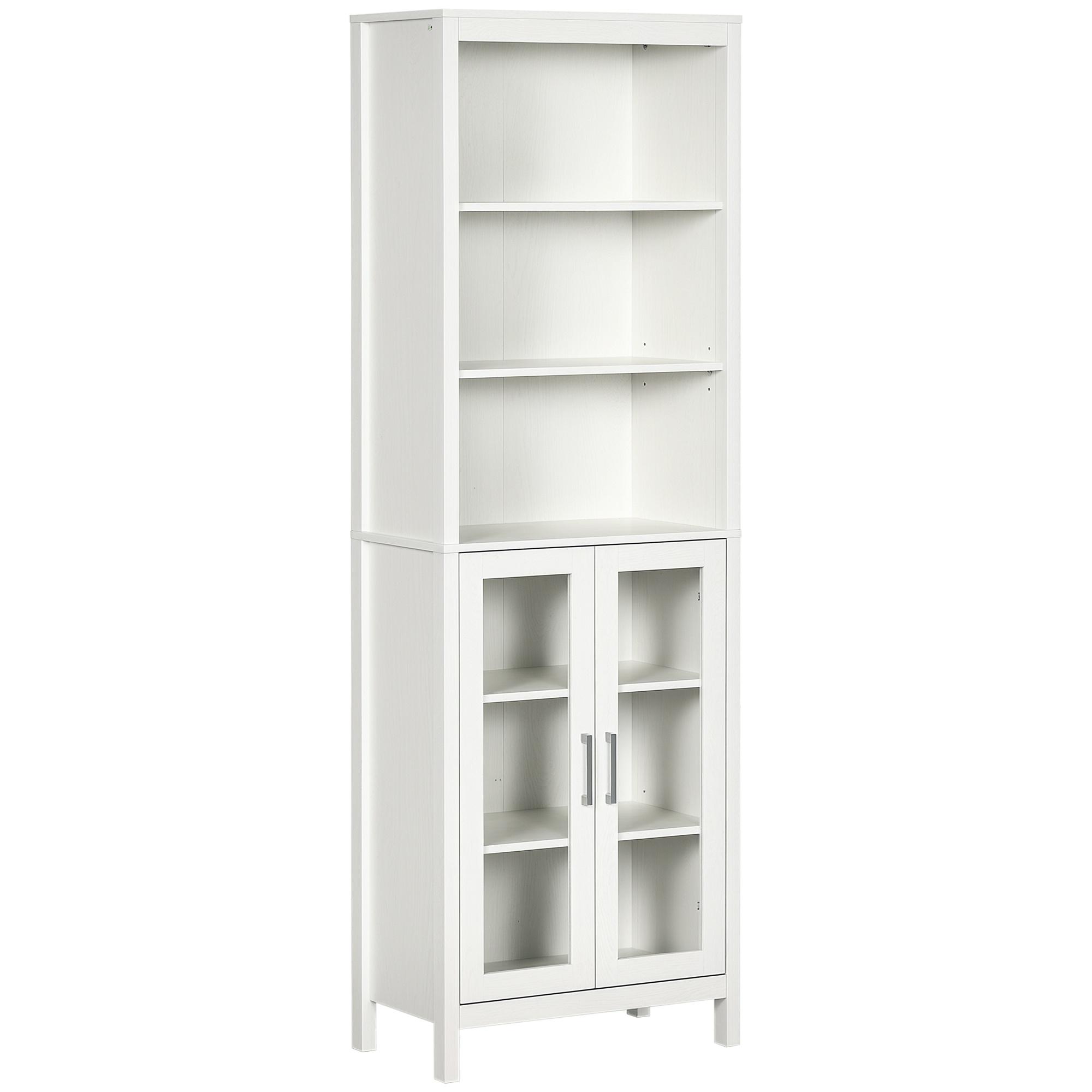 Armário Alto de Casa de Banho com 2 Portas de Vidro e 3 Prateleiras Armário Auxiliar Estilo Moderno 53x30x162cm Branco