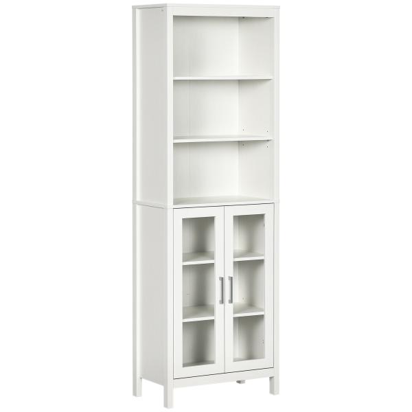 Armário Alto de Casa de Banho com 2 Portas de Vidro e 3 Prateleiras Armário Auxiliar Estilo Moderno 53x30x162cm Branco