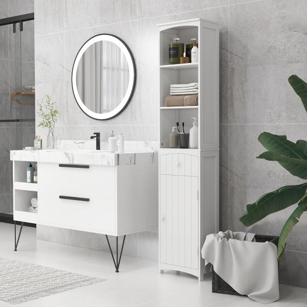 Armário de coluna multiuso branco para banheiro com prateleiras 34x24x170cm 3 prateleiras 1 porta e 1 gaveta