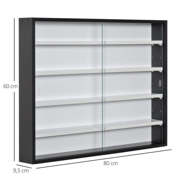 Vitrine de Parede de Madeira com Prateleiras Ajustáveis e 2 Portas Corredeiras de Vidro para Coleções Perfumes Bonecos de Decoração 80x9,5x60cm Preto