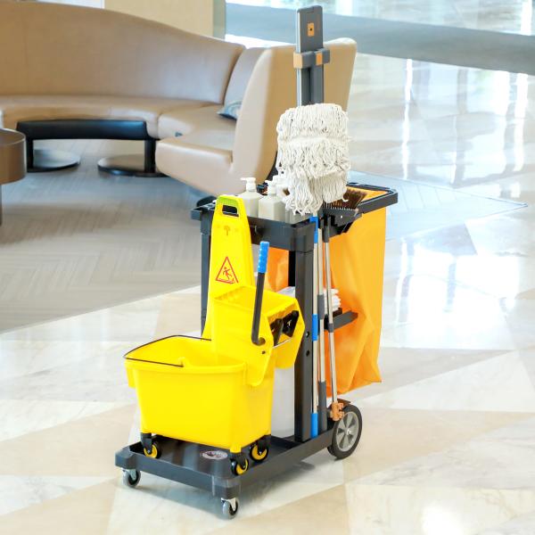 Carro de Limpeza com Bolsa Carrinho de Limpeza com Rodas e 3 Prateleiras 121x50,5x96,5 cm Preto e Amarelo