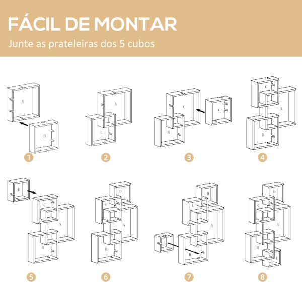 Estante de Parede com 5 Cubos Estante Flutuante de Madeira Estilo Moderno 49,5x10,2x86cm Branco