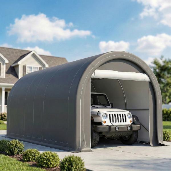 Garagem Exterior para Carro 3x5 m Impermeável com Tecido PE Resistente Estrutura de Aço Galvanizado UPF30+ Cinzento
