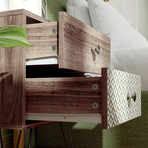 Mesa de Cabeceira com 2 Gavetas Pés de Aço Estilo Boémio Mesa de Cabeceira para Quarto Sala de Estar 45x39x55,5 cm Marrom