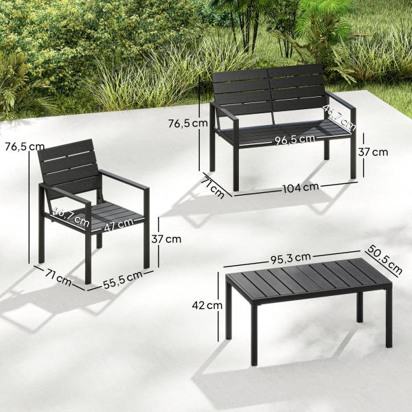 Conjunto de Móveis de Jardim para 4 Pessoas - Sofá de 2 Lugares, 2 Cadeiras e Mesa de Centro - Preto