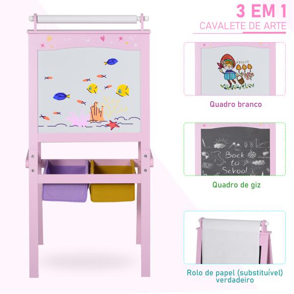 Cavalete Infantil 3 em 1 Cavalete de Arte para Crianças com Quadro Rolo de Papel e 2 Cestos 58,5x50,5x118 cm Rosa