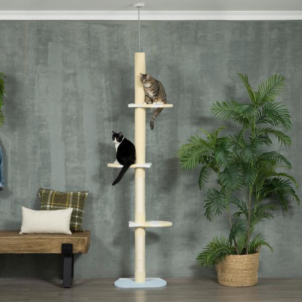 Árvore para Gatos do Chão ao Teto com Altura Ajustável 3 Plataformas Poste de Sisal e Bola para Brincar 47x34x220 - 260cm Creme