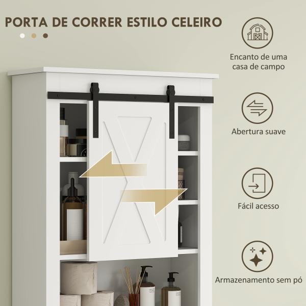 Móvel sobre Sanita com Porta de Correr Estilo Celeiro e 6 Compartimentos Móvel Casa de Banho Rústico 67x25x172 cm Branco