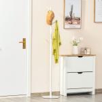 Cabide de Pé de Madeira com 6 Ganchos para Roupa Bolsas e Estrutura de Metal 35x35x174cm Branco e Madeira