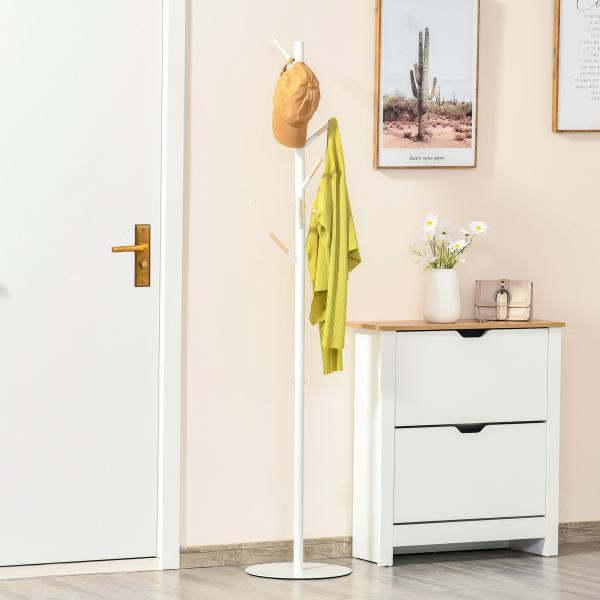 Cabide de Pé de Madeira com 6 Ganchos para Roupa Bolsas e Estrutura de Metal 35x35x174cm Branco e Madeira