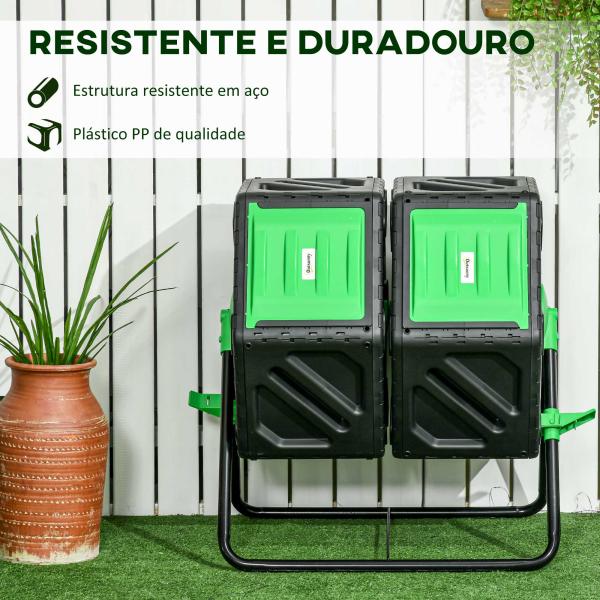 Compostor Giratório de 130L Recipiente de Compostagem de Jardim de Dupla Câmara com Aberturas de Ventilação 67x60x77 cm Preto e Verde